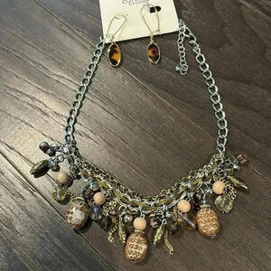 Carol D Studio Tiger Eye earrings/necklace set,silvertone chain tan/brown bobble